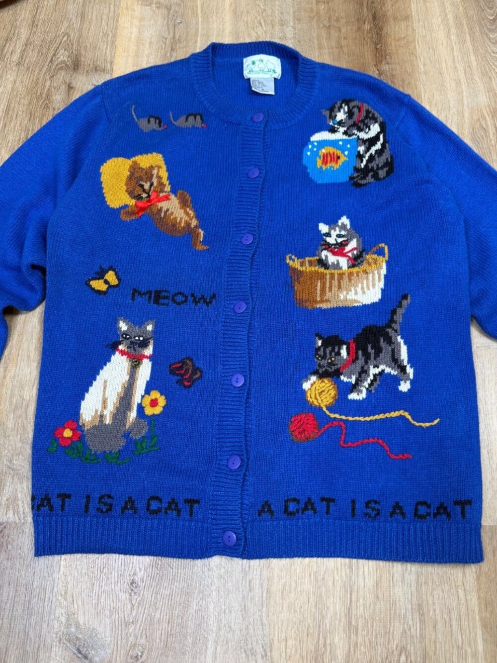The Quacker Factory A Cat Is A Cat Vintage 90s Sweater Medium Cotton Ramie Novel - Picture 9 of 9